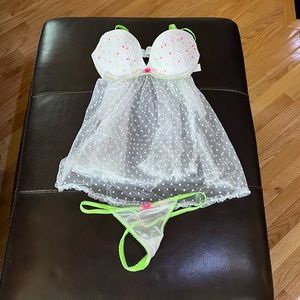 Victoria's Secret white with green floral babydoll lingerie 34C